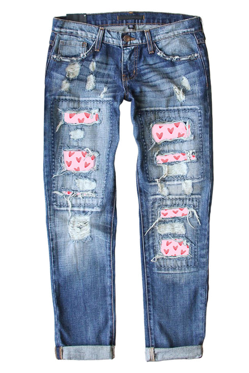 Sky Blue Valentine'S Day Heart Patchwork Jeans
